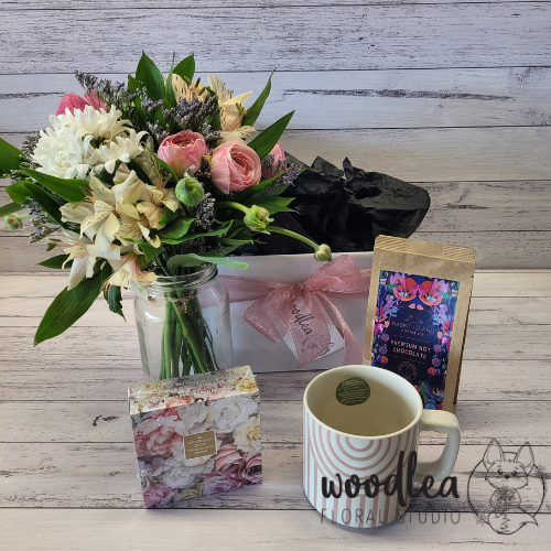 Woodlea Floral Studio - giftbox with Rabbit Island hot chocolate, chocolate and a fresh flower bouquet