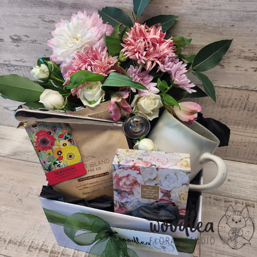 Woodlea Floral Studio - giftbox with Rabbit Island coffee, chocolate and a fresh flower bouquet. Free delivery in Nelson and Richmond