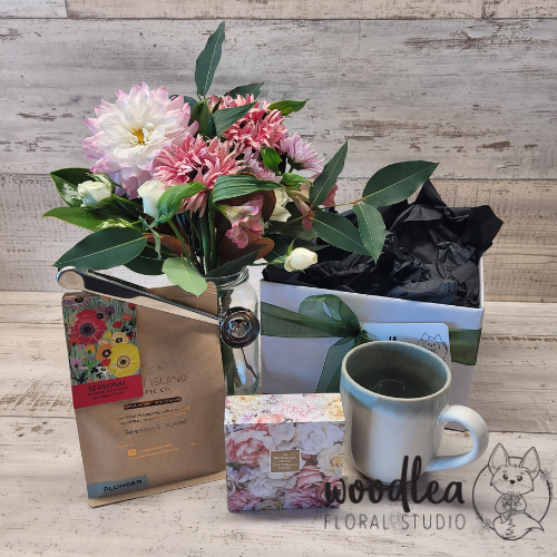 Woodlea Floral Studio - giftbox with Rabbit Island coffee, chocolate and a fresh flower bouquet. Free delivery in Nelson and Richmond